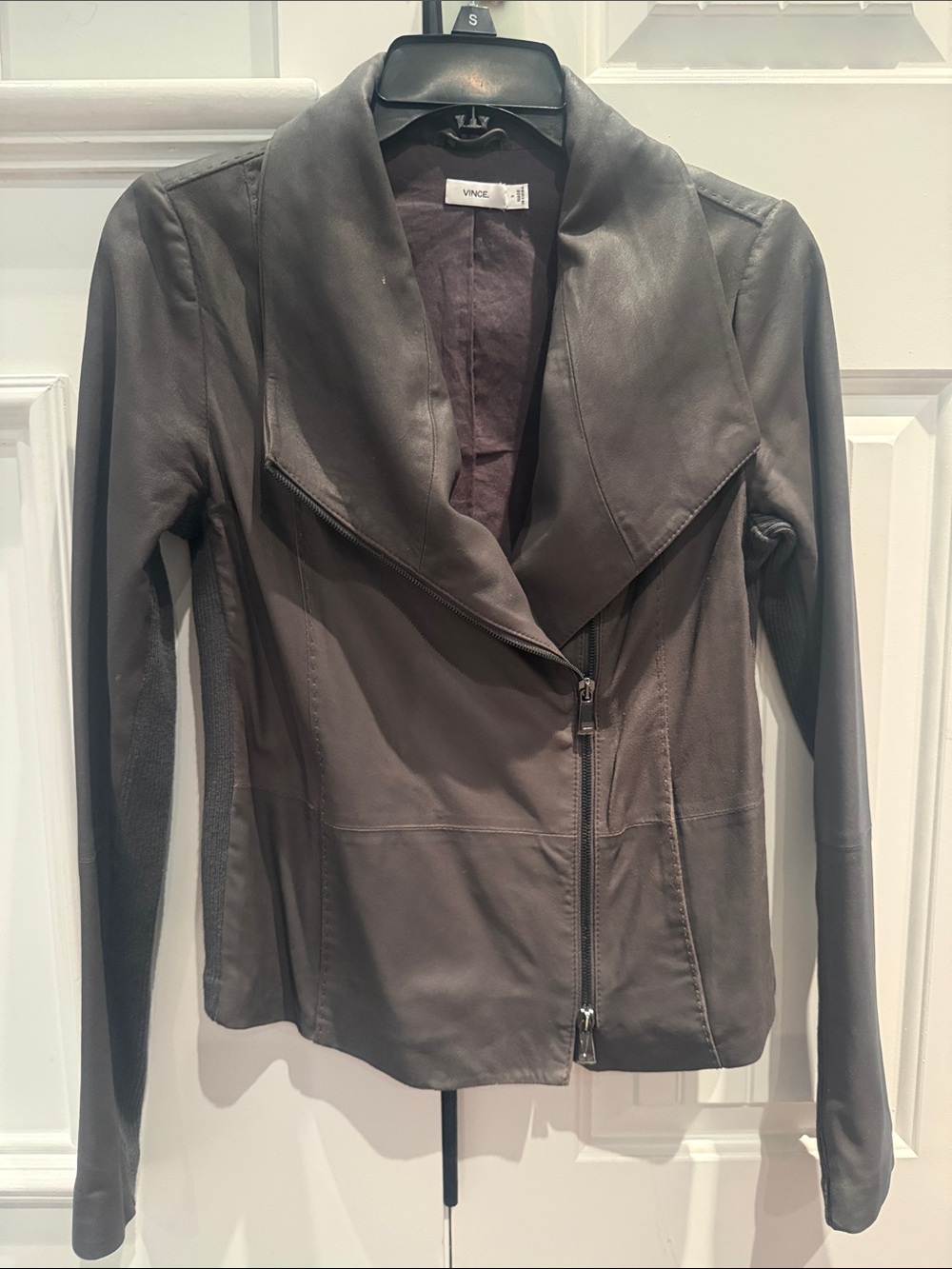 Vince Dark Gray Leather Asymmetrical Zip Jacket with Draped Collar